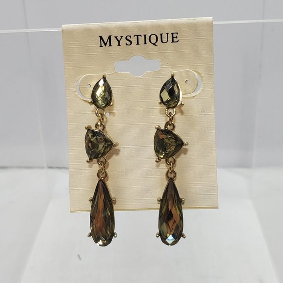 Mystique3 tier drop earring with green olive color stones 2 inch length pierced - Picture 6 of 6